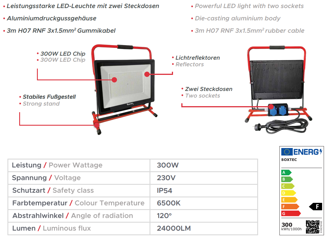 LED Baustrahler mit 2 Steckdosen - Energiesparen - Arbeitsscheinwerfer