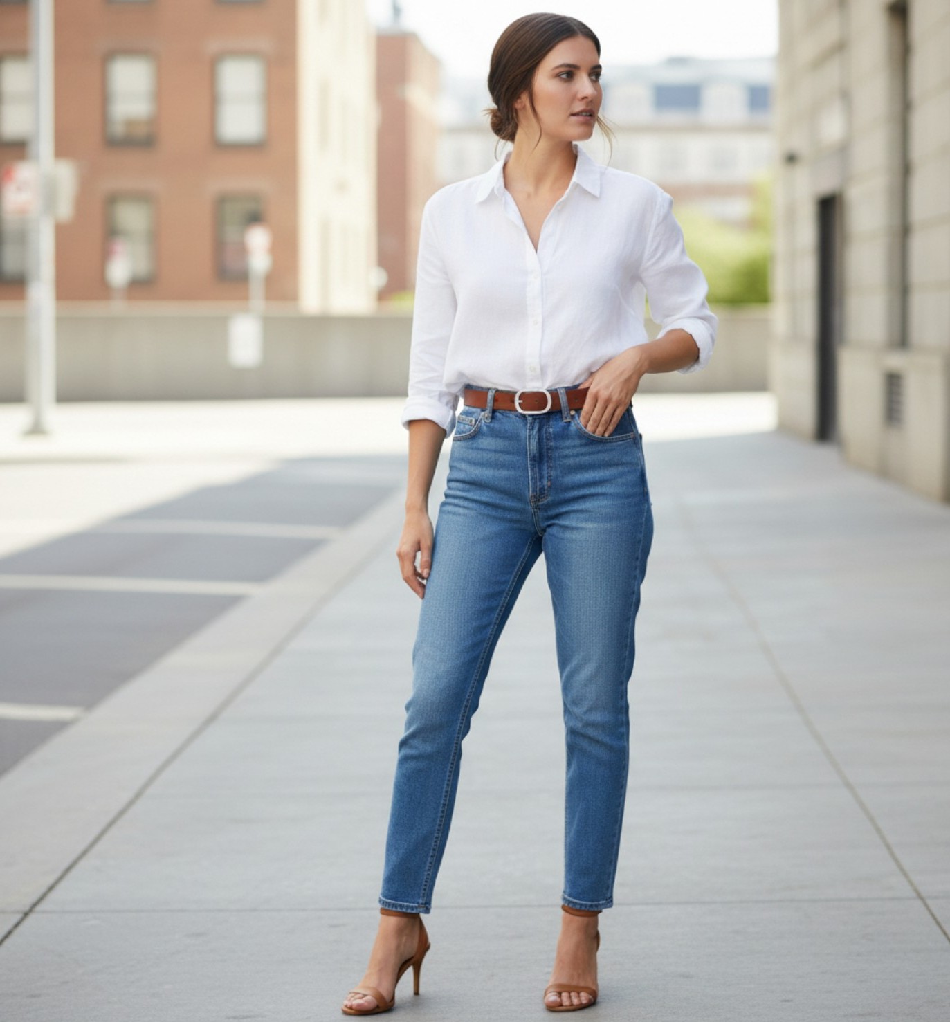 Brauner Ledergürtel für Damen – Model mit Jeans, handgefertigt aus echtem Leder, Fronhofer Manufaktur