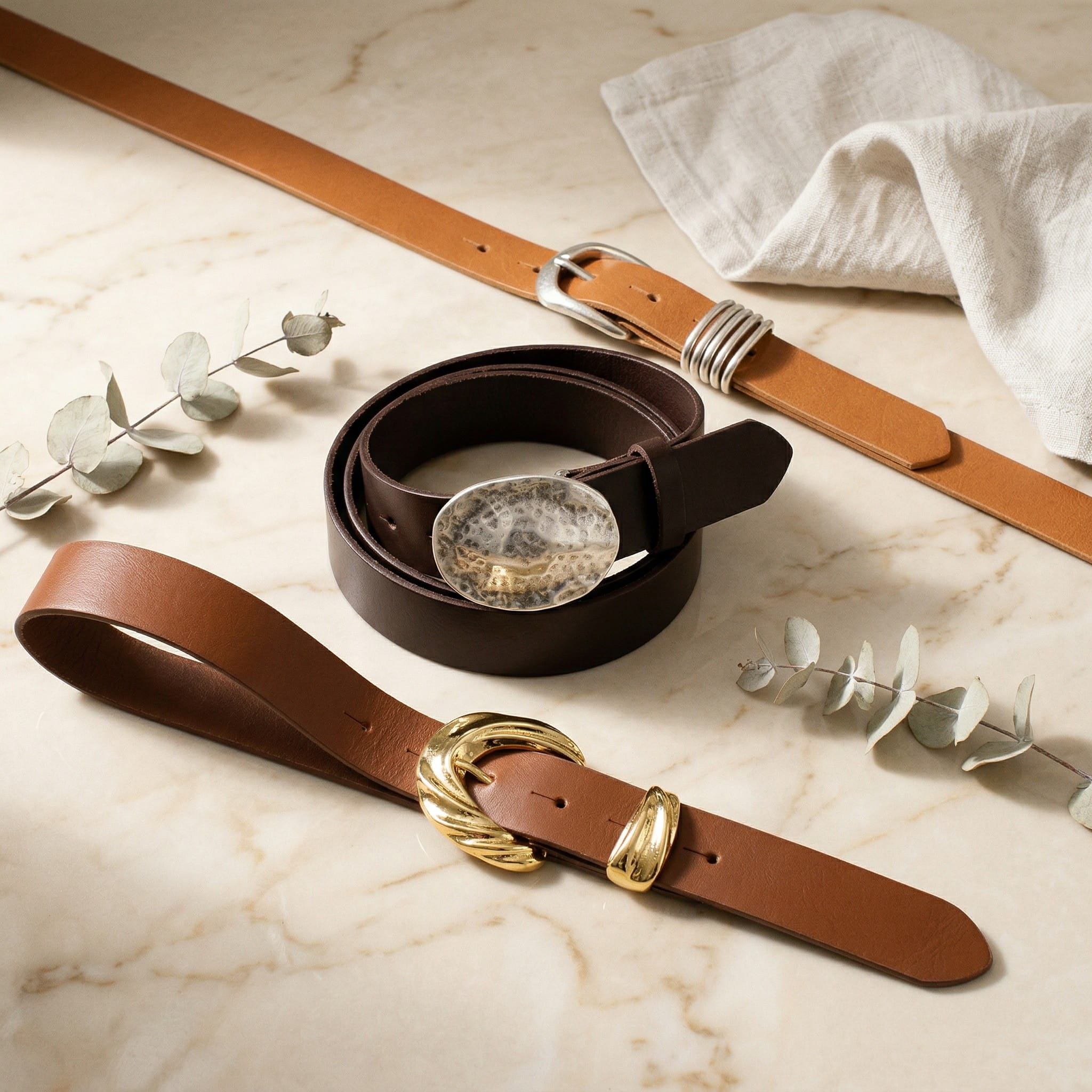 Stilvolles Stilleben mit drei braunen Damengürteln in Cognac, Mittelbraun und Espresso – echtes Leder, verschiedene Schnallen in Gold und Silber