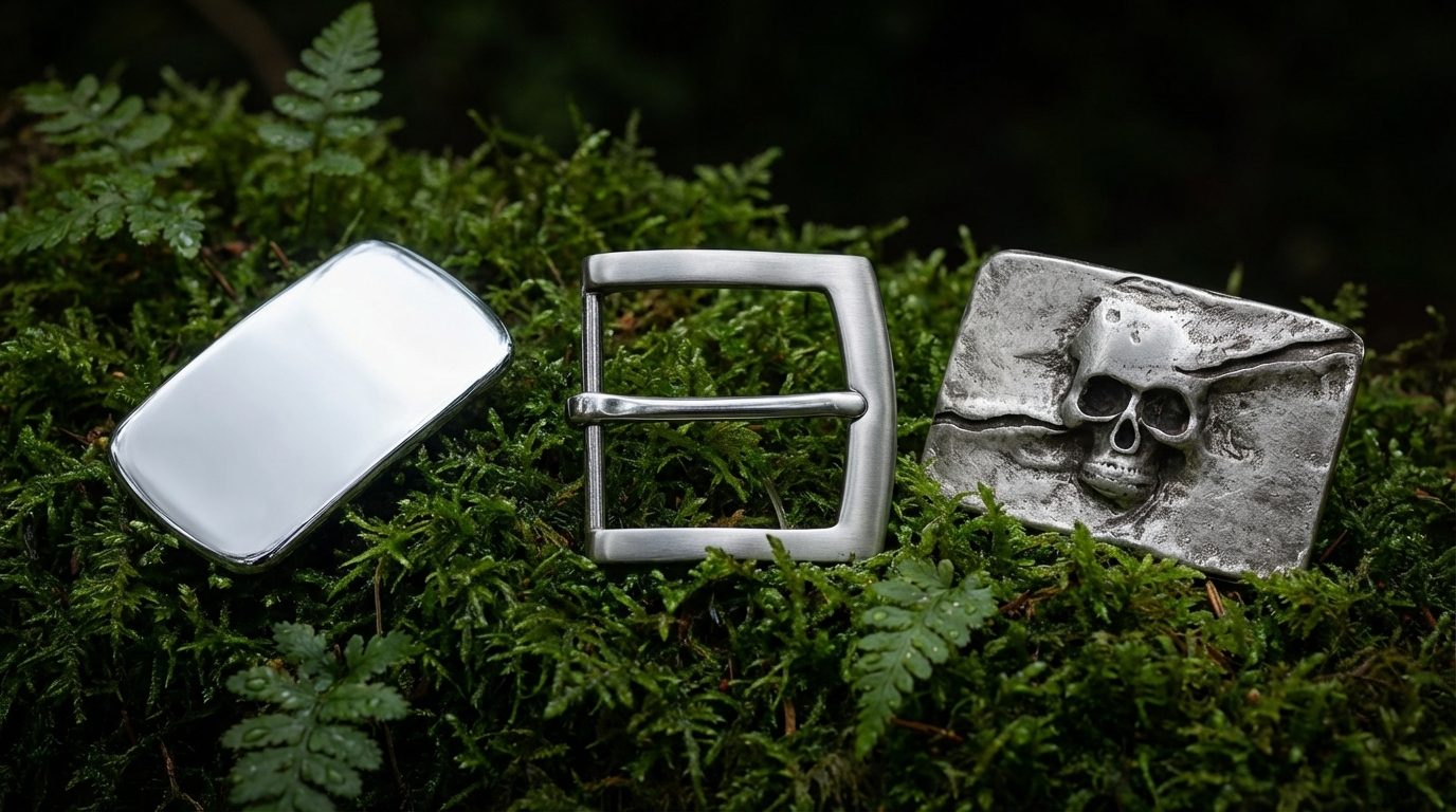 Gürtelschnallen Herren – Dornschnalle, Koppelschnalle und Motivschnalle aus Edelstahl und Zamak auf frischem Moos