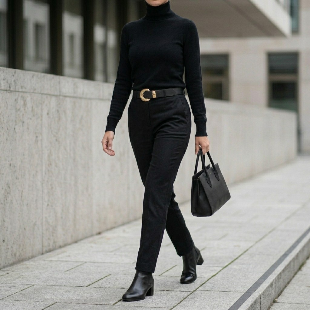 Schwarzer Damengürtel im All-Black-Outfit – Rollkragenpullover, schwarze Hose und Boots mit goldener Schnalle als Akzent