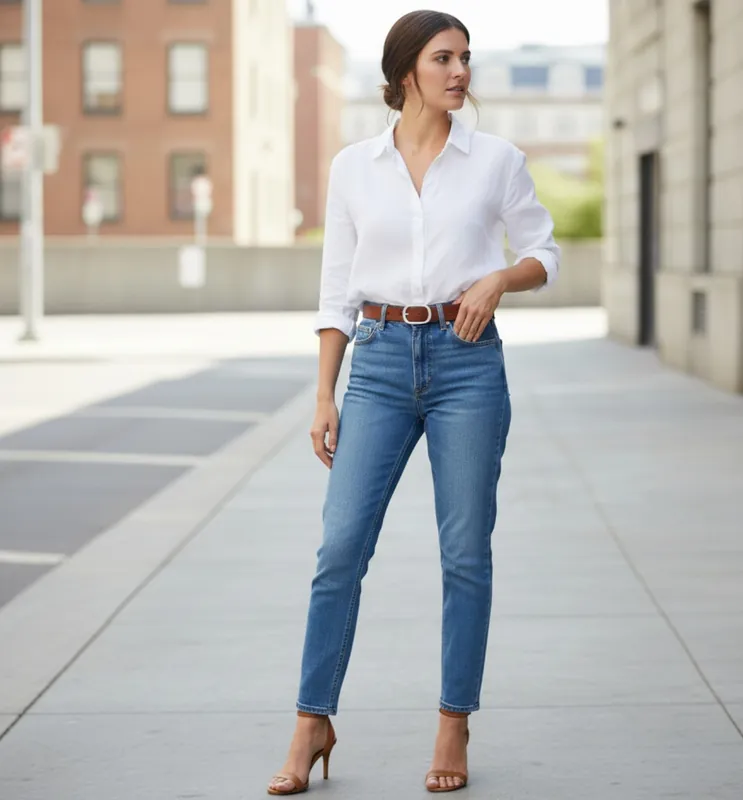 Brauner Ledergürtel für Damen – Model mit Jeans, handgefertigt aus echtem Leder, Fronhofer Manufaktur