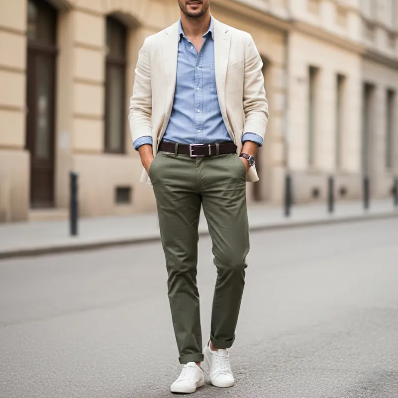 Ledergürtel Herren – Model mit braunem Herrengürtel aus echtem Leder zu Chinos