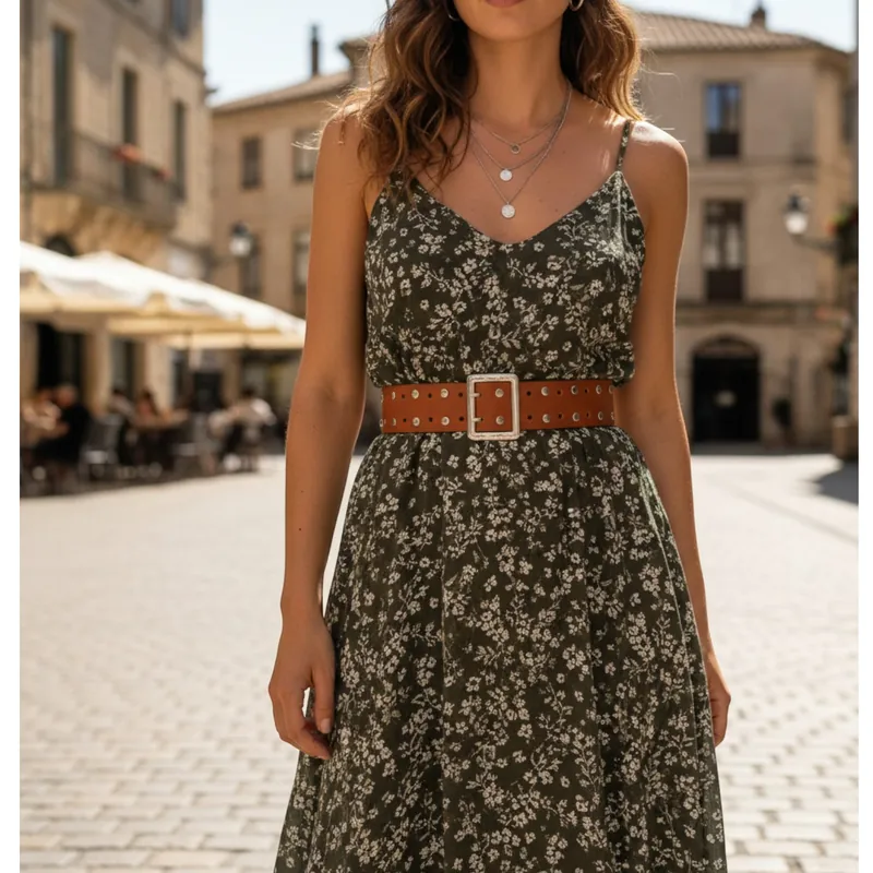 Breiter Damengürtel mit Doppeldornschnalle am Model – handgefertigt aus echtem Leder, Fronhofer Manufaktur