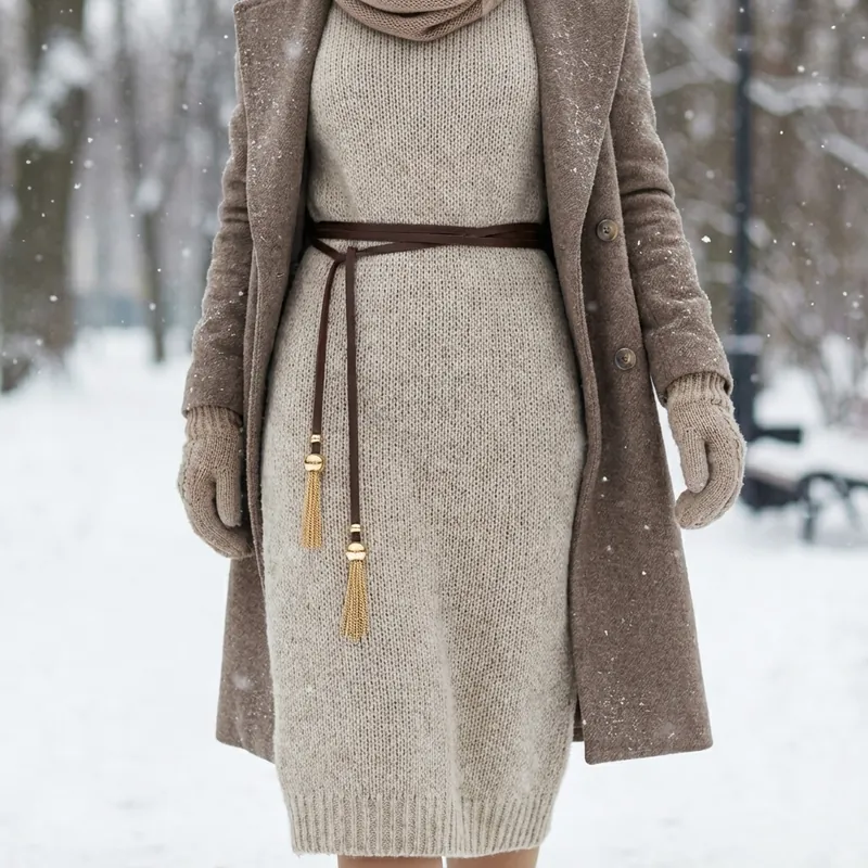 Wickel-Taillengürtel aus Leder über Kleid – Silhouette definieren