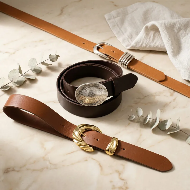 Stilvolles Stilleben mit drei braunen Damengürteln in Cognac, Mittelbraun und Espresso – echtes Leder, verschiedene Schnallen in Gold und Silber