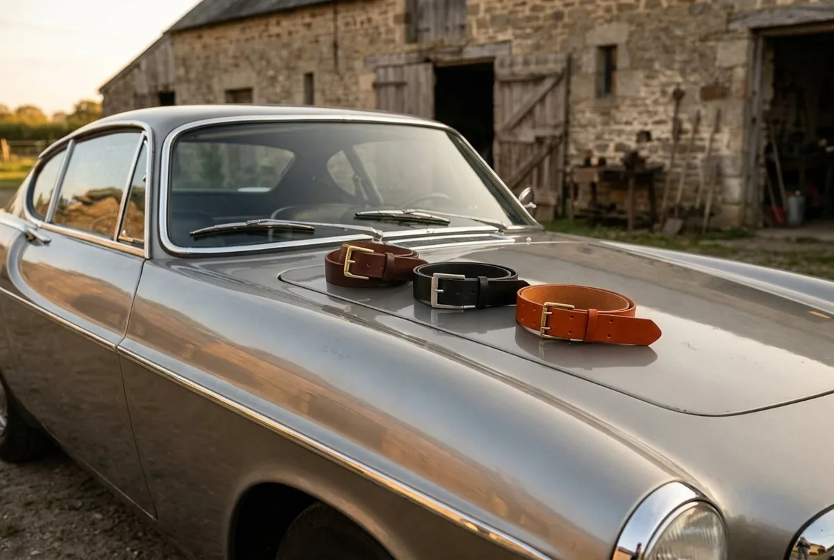 Best Patina® Ledergürtel auf der Motorhaube eines klassischen Vintage-Coupés — handgefertigt für ein Leben