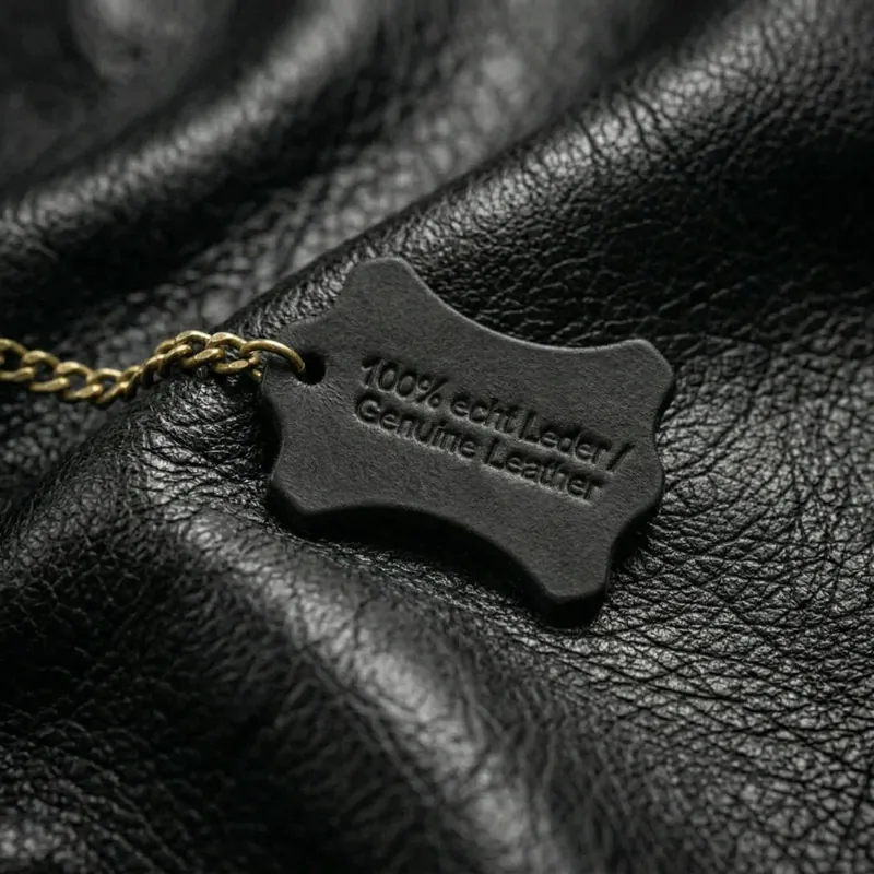 100% echtes Leder – Detailaufnahme schwarzes Rindsleder mit Genuine-Leather-Siegel, Fronhofer Manufaktur