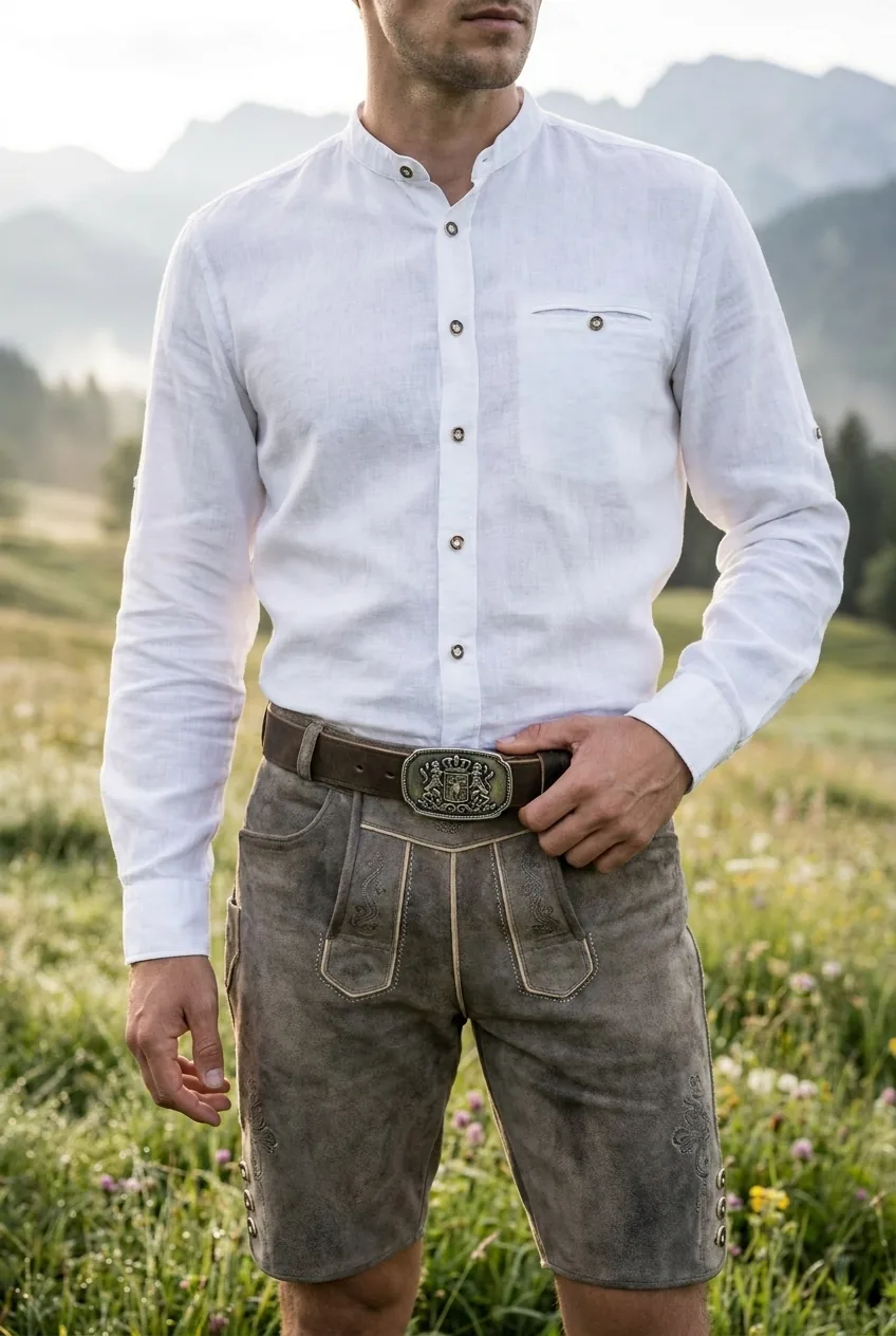 Mann in Lederhose und weißem Trachtenhemd mit Trachtengürtel und Bayern-Wappen-Schnalle auf einer Almwiese – Gürtelmanufaktur Fronhofer
