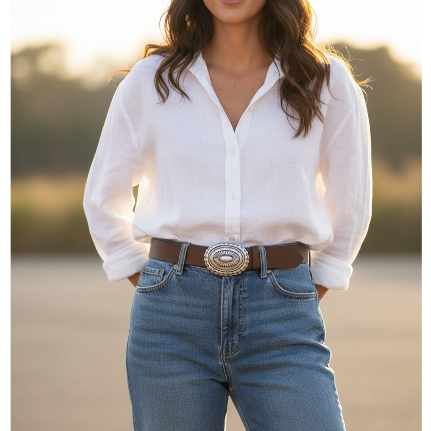 Damengürtel Boho – Büffelleder 4 cm mit Ethno-Schnalle im Hippie-Look