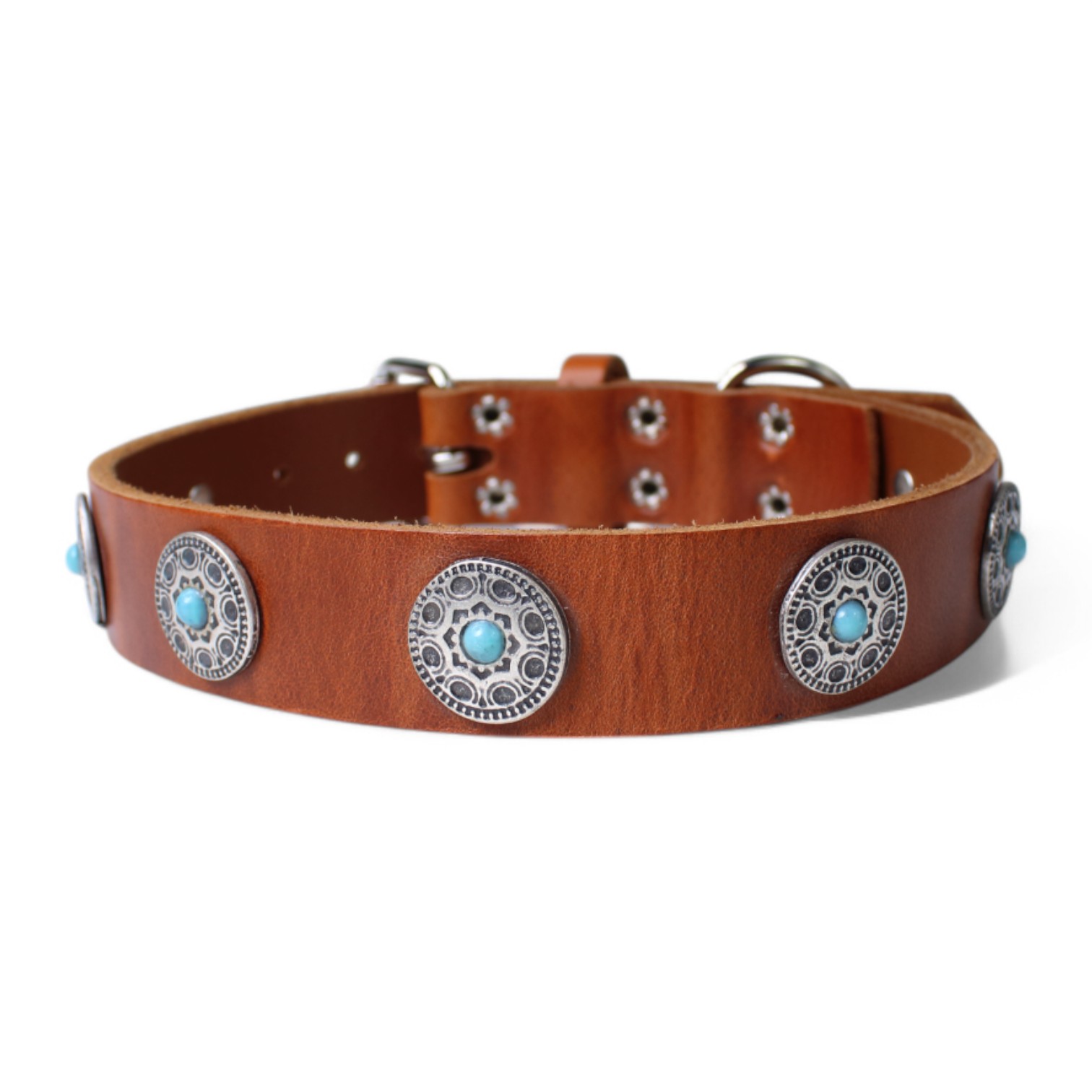 Boho Hundehalsband 3 cm mit trkisen Zierteilen, robustes Lederhalsband,  Vollleder