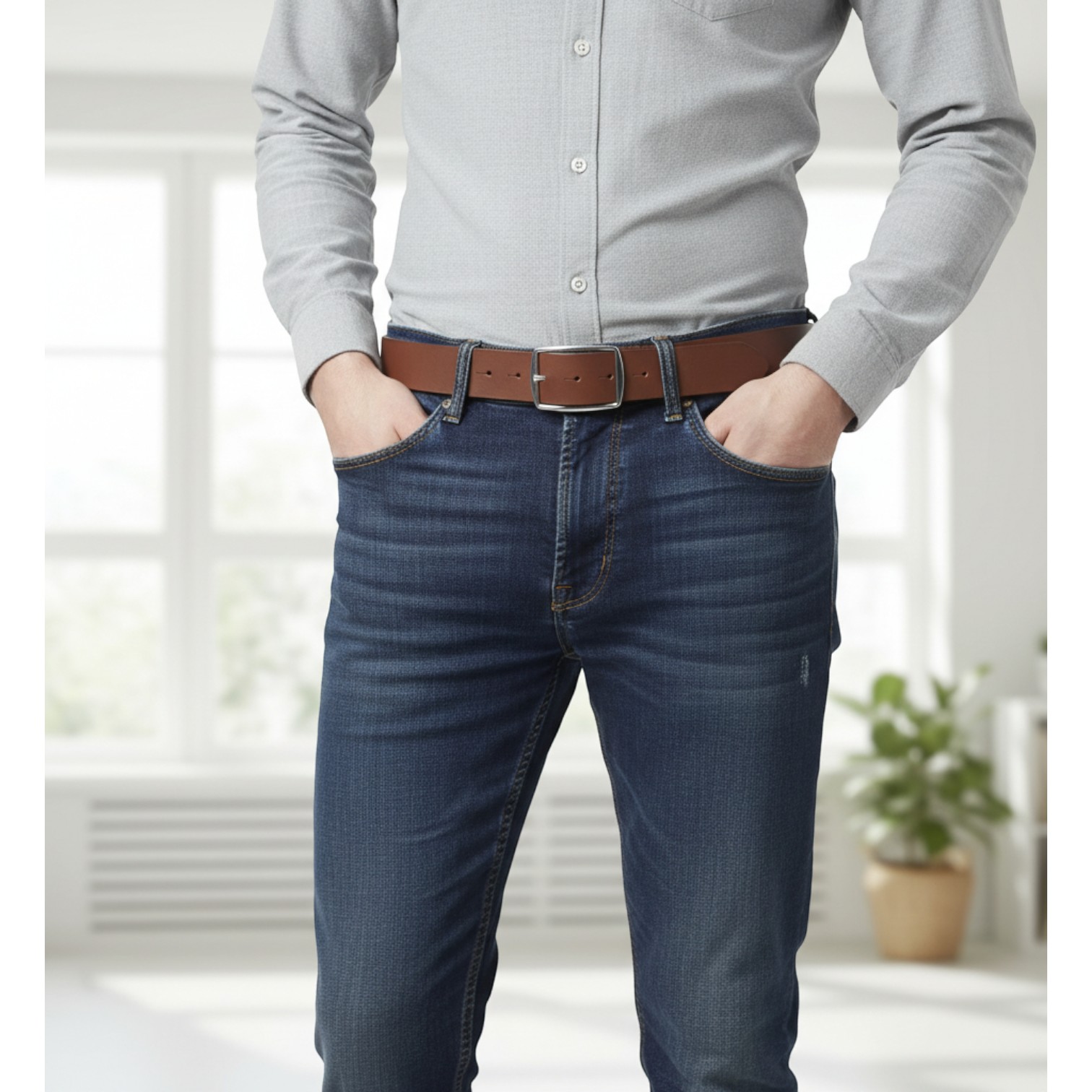 Herren Jeansgürtel Aus Leder Mit Edelstahlschnalle In Hellbraun - Foto 4