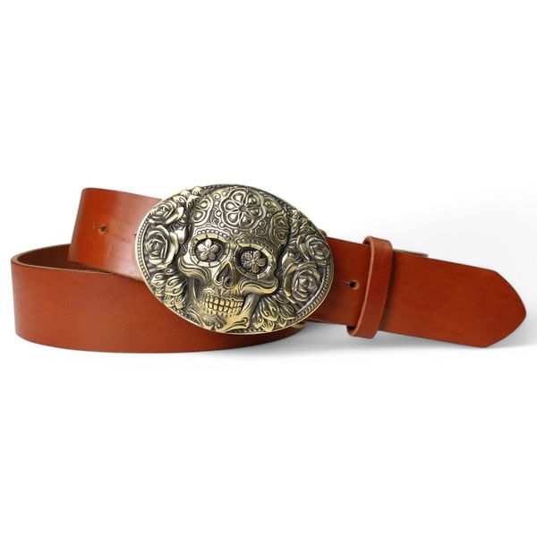 Best Patina® Herrengürtel 4 cm mit Santa-Muerte-Messingschnalle aus Sattlerleder