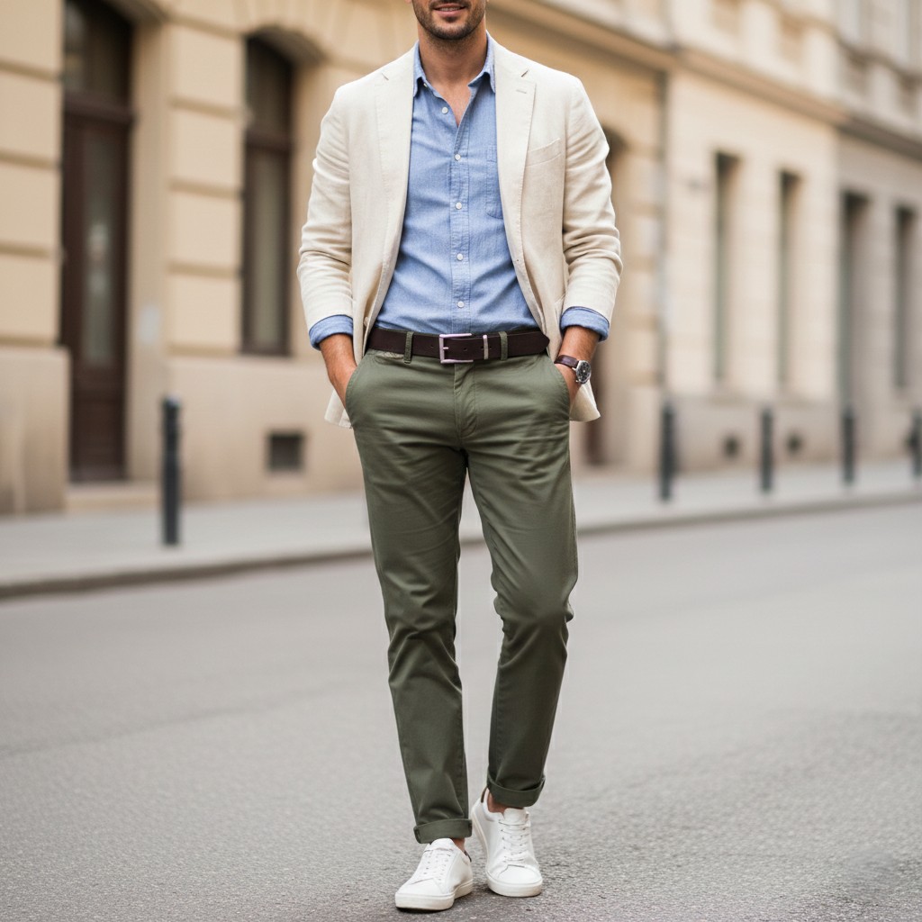 Herrengürtel aus echtem Leder – Model mit braunem Ledergürtel zu Chinos