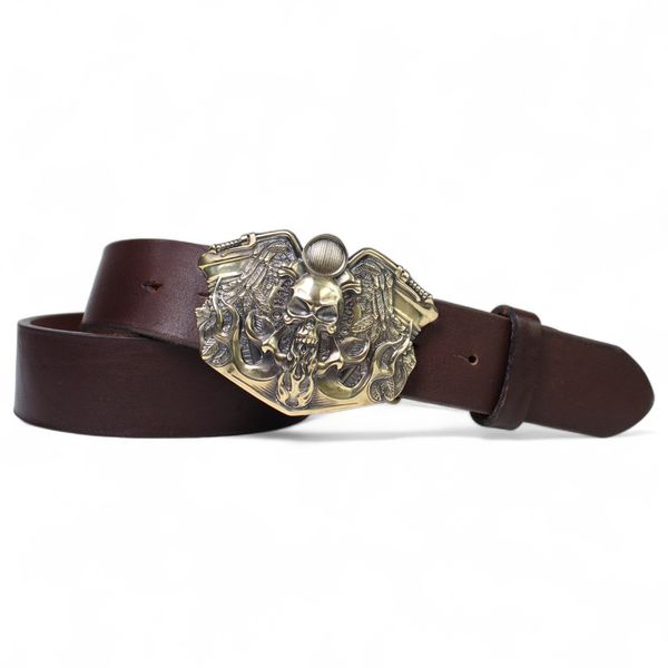 Best Patina® Herrengürtel 4 cm aus Sattlerleder mit Handguss-Messingschnalle im Totenkopf-Design