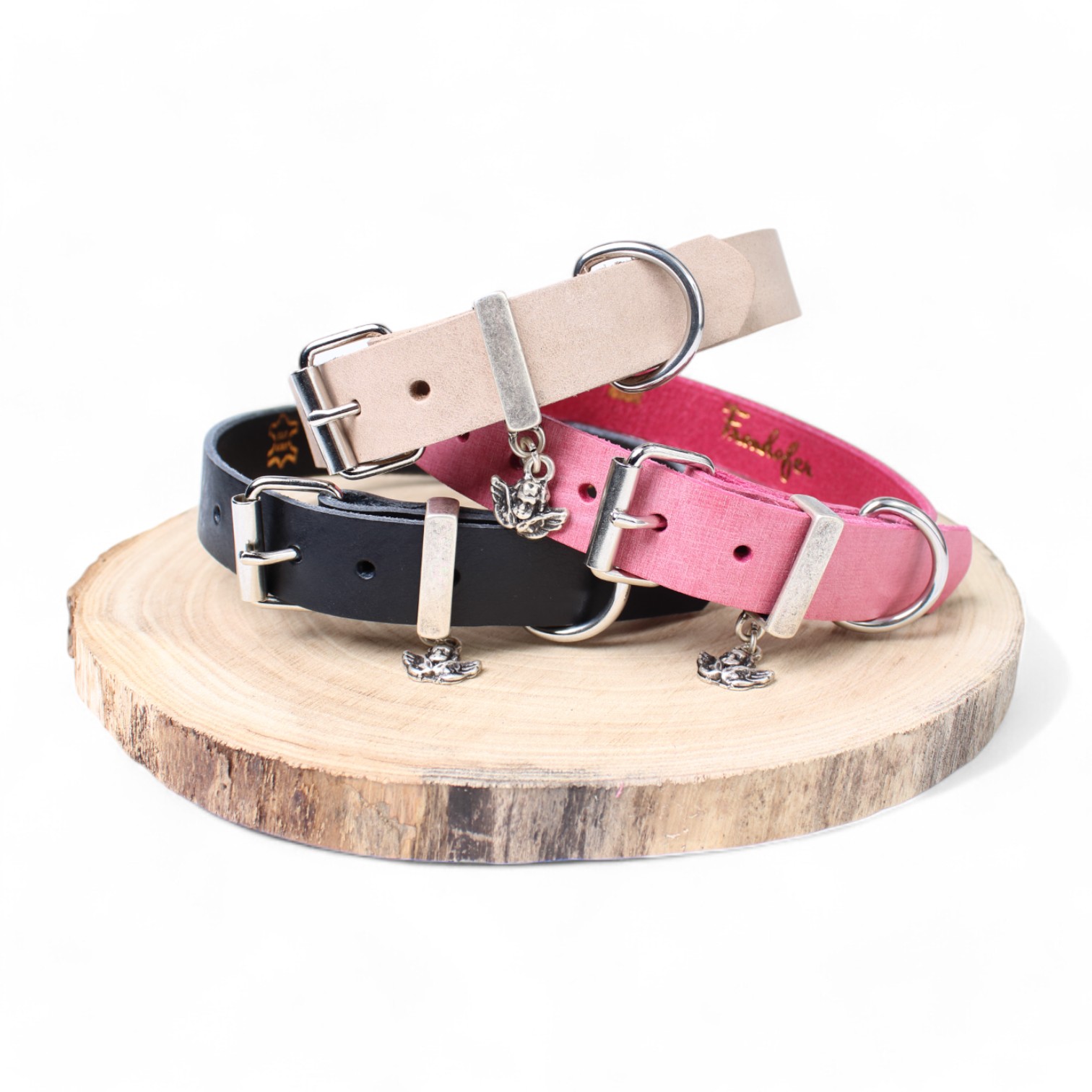 Hundehalsband 2,5 cm breit aus Vollrindleder, Edelstahlschnalle, Engel  Anhnger