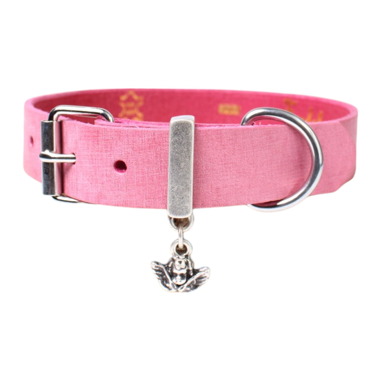 Hundehalsband 2,5 cm breit aus Vollrindleder, Edelstahlschnalle, Engel  Anhnger
