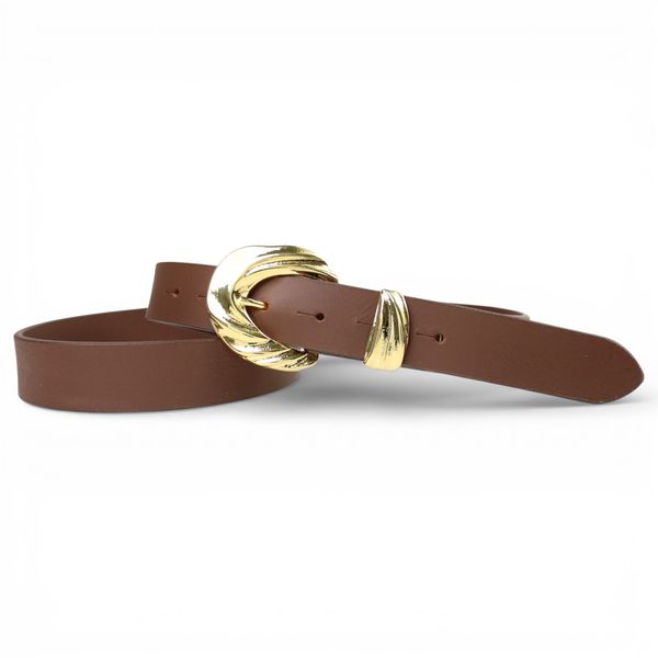 Damen Ledergürtel 3 cm, 2-teilige goldene Gürtelschnalle asymmetrisch, cognac, Büffelleder