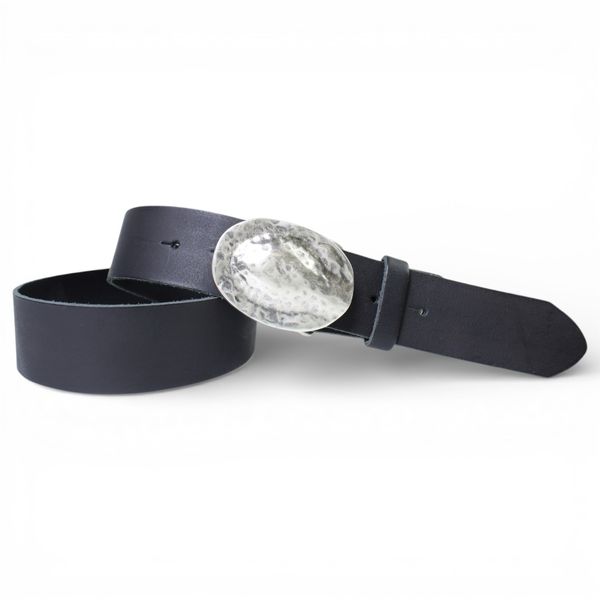 Damen Ledergürtel 4 cm, gehämmerte versilberte Koppelschnalle, schwarz, echt Leder