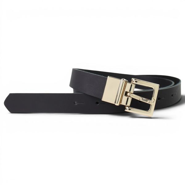 Damen Ledergürtel 2,5 cm, goldene Gürtelschnalle und Schlaufe, schwarz, kürzbar