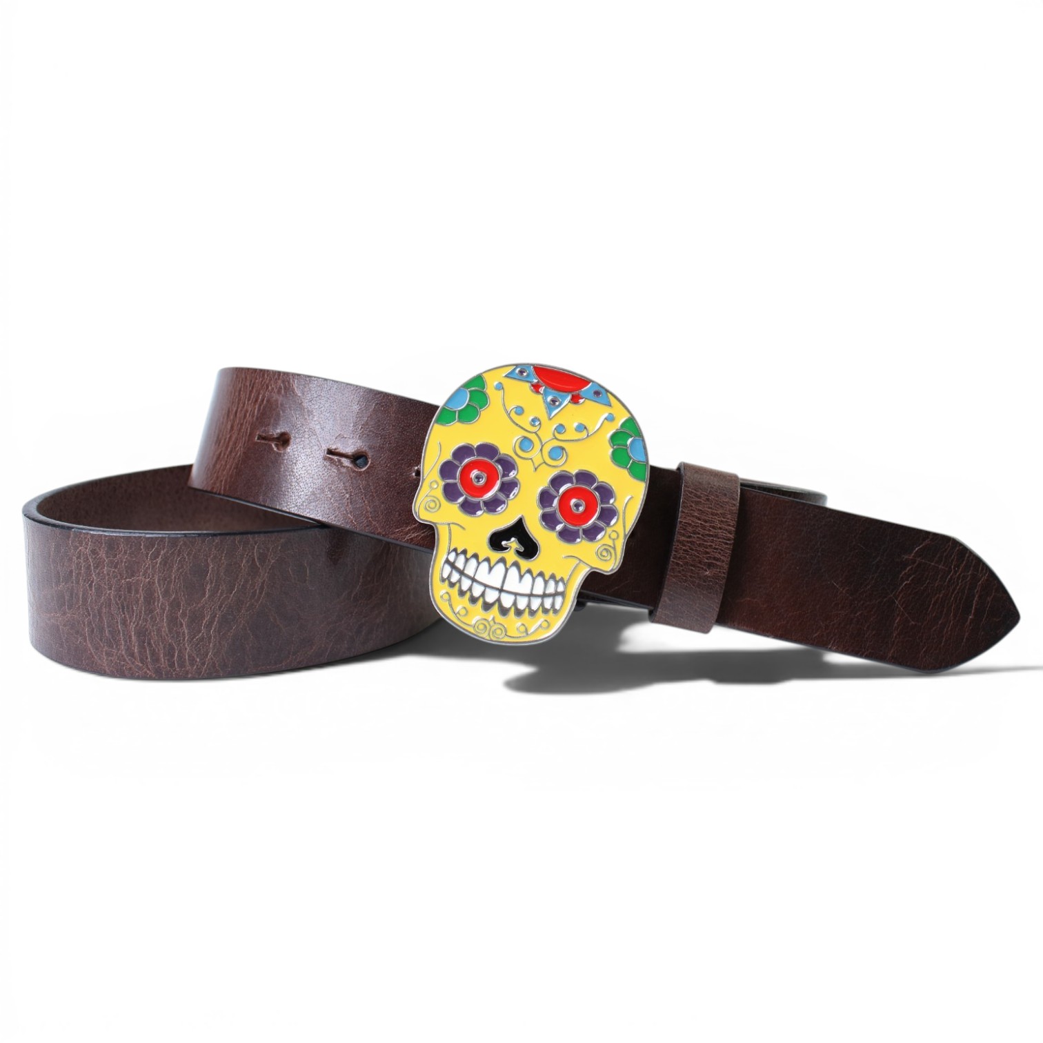 Herren Ledergürtel mit Totenkopf Gürtelschnalle Santa Muerte, braun, Vintage Büffelleder 4 cm