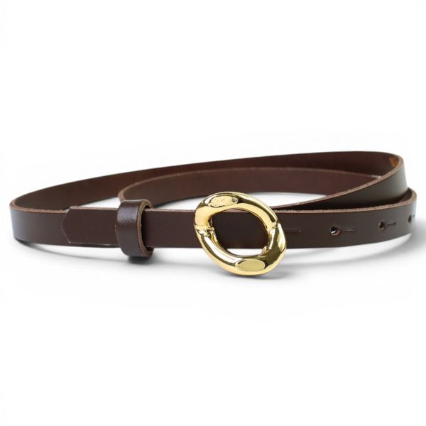 Schmaler Damen Ledergürtel 1,3 cm, vergoldete runde Gürtelschnalle, dunkelbraun, echt Leder