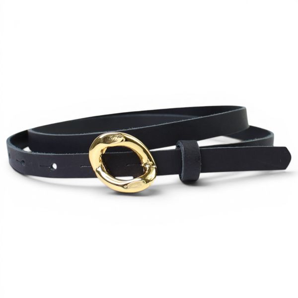Schmaler Damen Ledergürtel 1,3 cm, vergoldete runde Gürtelschnalle, schwarz, echt Leder