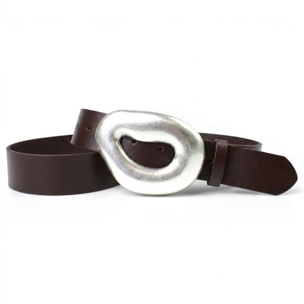 Damen Ledergürtel 4 cm, große versilberte Gürtelschnalle, dunkelbraun, echt Leder