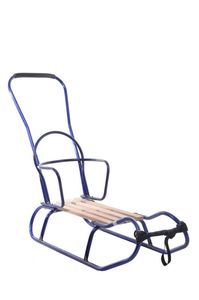Schlitten Rodel mit abnehmbarer R&uuml;ckenlehne u. Schubstange Holz und Metall blau
