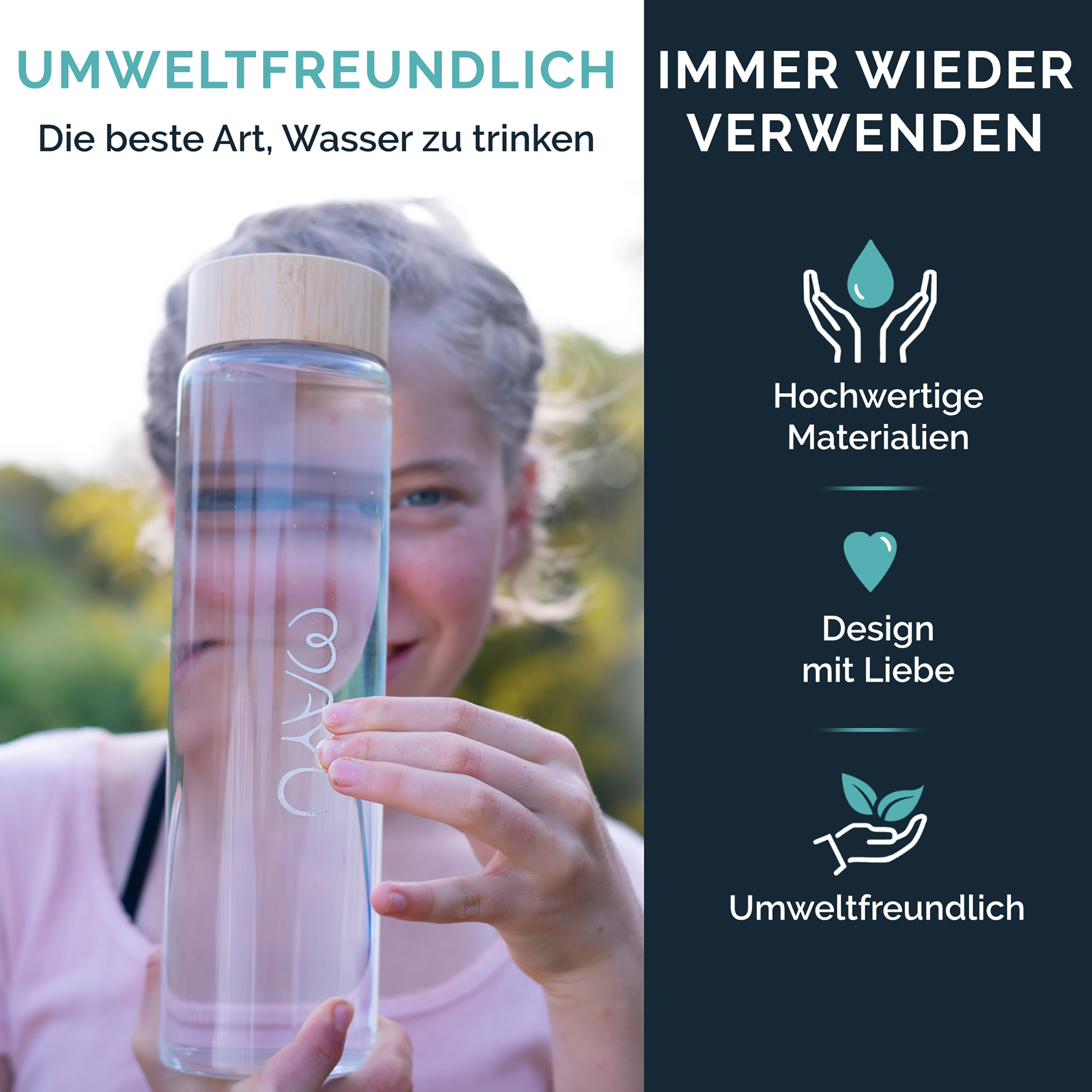 MAYU Glasflasche 100% Borosilikatglas, Deckel aus Bambus, integriertes  Sieb,1,0 Liter