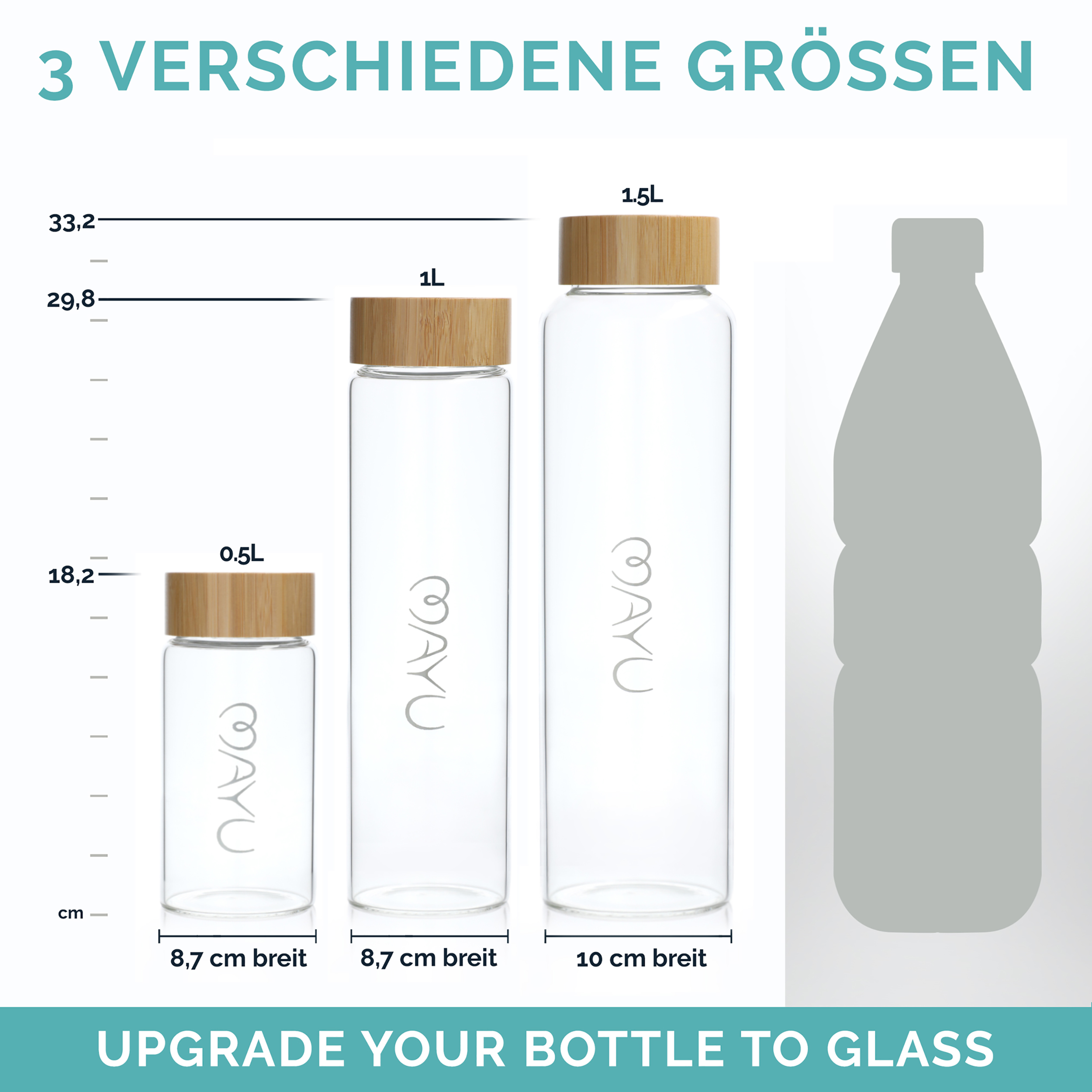 MAYU Glasflasche 100% Borosilikatglas, Deckel aus Bambus, integriertes  Sieb,1,0 Liter