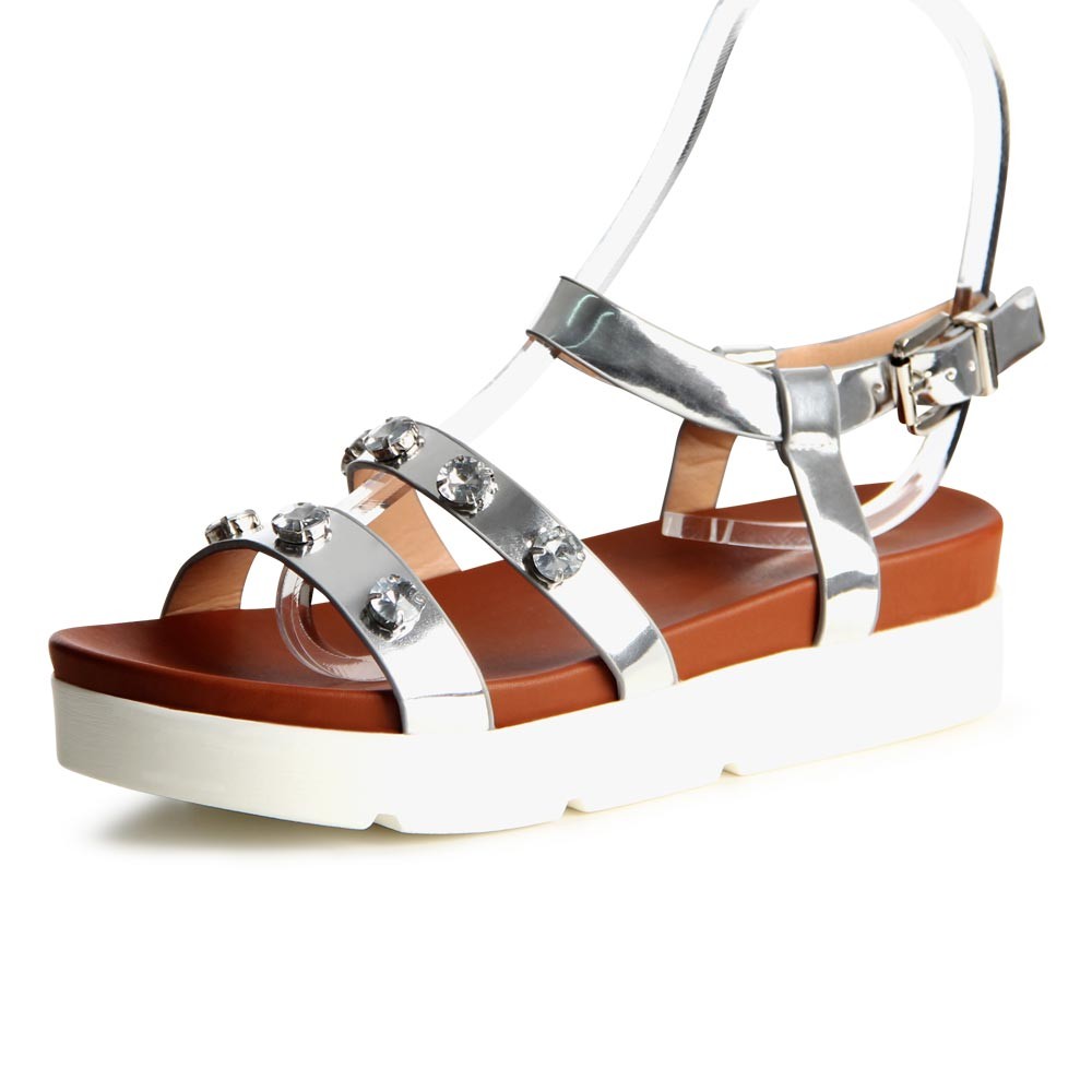 Damenschuhe Riemchen Sandalen Plateau Glitzersteine Sandaletten Keilabsatz