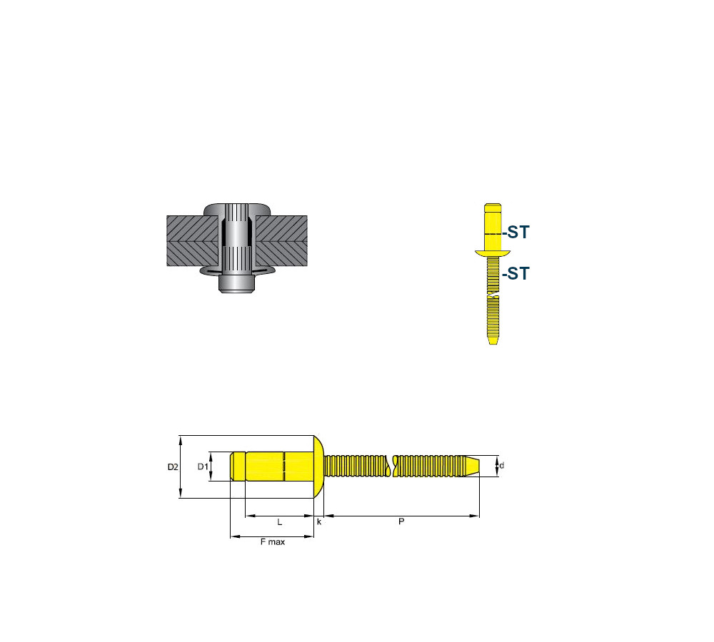 Hochfeste Blindnieten Stahl/Stahl (Ø x L) 4,8 x 16,5 mm mit Flachkopf -  Niete mit gerilltem Nietdorn - Hochfeste Nieten - PREMIUM-LOCK