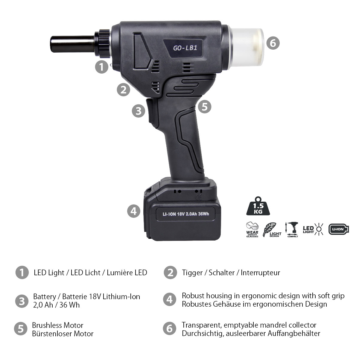 Go Lb1 Cordless Lockbolt Battery Tool With Brushless Motor Capacity O 4 8 6 4 Mm Incl 2 X Quick Change Battery Charger Abs Case Mandrel Anvil Goebel Shop