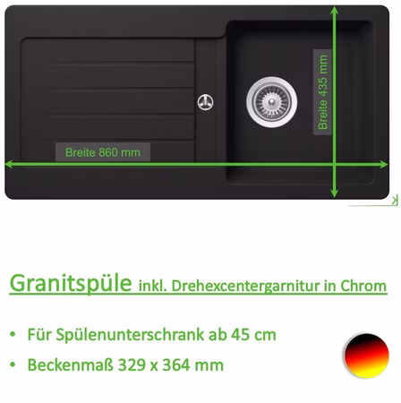 Granitspüle Victory S-VEL 860.20 - black, ab 40er Unterschrank, 860 x 435 mm