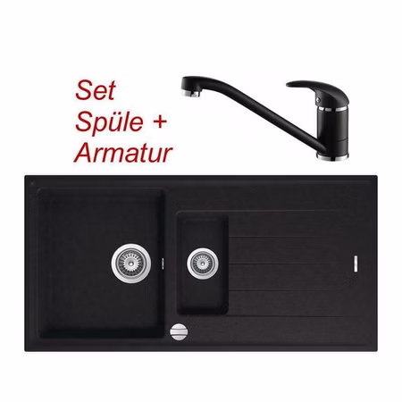 SET Granitspüle schwarz Victory S1000 + VAF Armatur 9205 schwarz Granitarmatur
