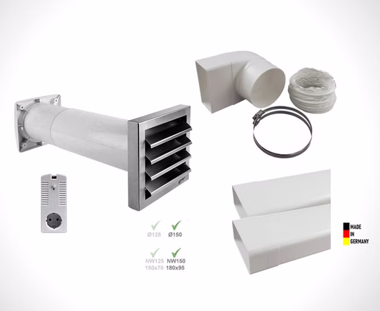 Abluftset AEROBOY Energiespar-Mauerkasten 150er System Edelstahlluftgitter Zwischenschaltersteuerung Dunstabzugshaubenzubehör
