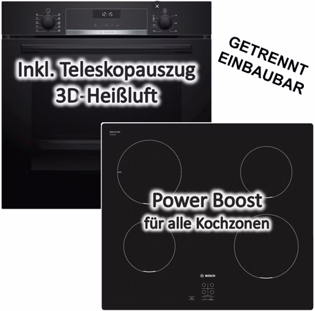 Herdset BOSCH Backofen Teleskopauszug EcoClean + Induktionskochfeld rahmenlos autark 60 cm