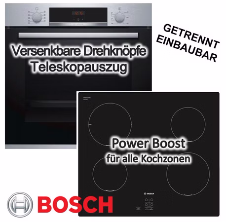 Herdset BOSCH Backofen EcoClean Auszug + Induktionskochfeld Booster autark 60cm
