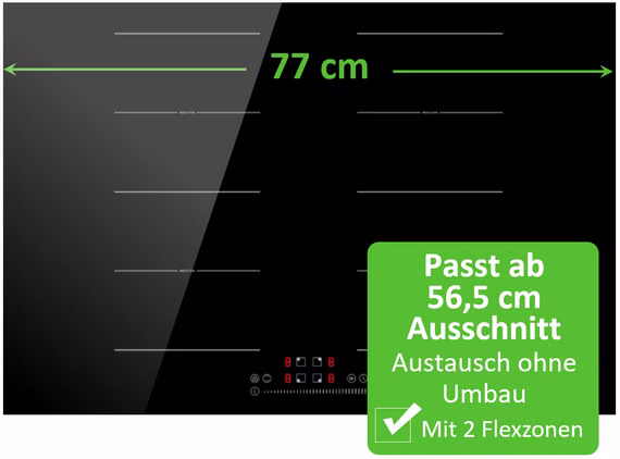 PKM Induktionskochfeld IN77-2FZS 77 cm breit 2 Flexzonen passt ab 56,5 cm Ausschnitt Austausch ohne Umbau