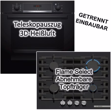 Bosch Herdset Backofen 71L Gas Kochfeld 60cm schwarz 3D Heißluft Hydrolyse Flame Select
