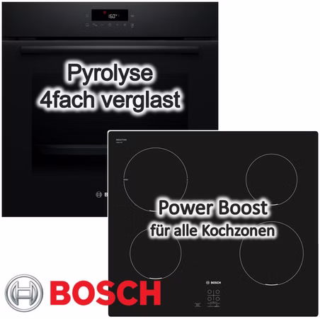BOSCH Herdset Pyrolyse 3D-Heißluft + Induktionskochfeld PowerBoost TouchSelect Rahmenlos