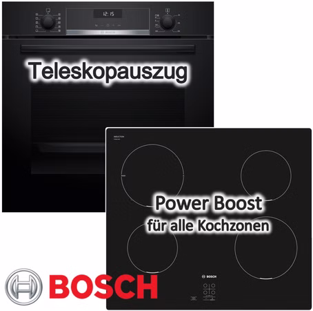 BOSCH Herdset Induktion 60 cm Teleskopauszug 3D-Heißluft ecoClean PowerBoost Schwarz