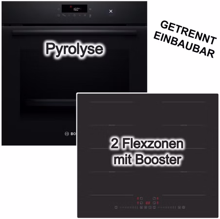 Herdset BOSCH Pyrolyse Backofen 3D Heißluft Schwarz + Induktionskochfeld PKM Flexzonen Booster