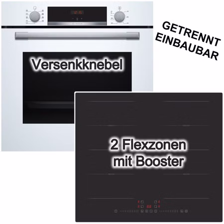 Herdset BOSCH Backofen Weiß 71 Liter 3D Heißluft Hydrolyse autark Induktionskochfeld 60 cm Flexzonen Booster rahmenlos
