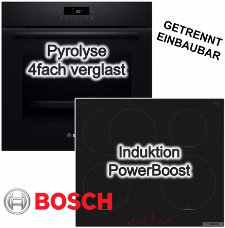 BOSCH Herdset 3D-Heißluft Pyrolyse LED-TouchControl + Induktionskochfeld autark PowerBoost PerfectFry TouchControl rahmenlos