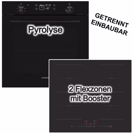 Herdset Backofen 78L Pyrolyse visioTouch von Burg + PKM Induktionskochfeld Flexzonen Booster TouchControl