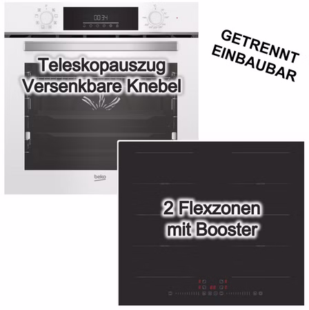 Herdset Beko Backofen weiss Heißluft Teleskopauszug SteamShine + PKM Induktionsfeld Flexzonen Booster