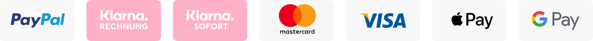 Zahlungsmöglichkeiten : Paypal, KLARNA Rechnung, KLARNA SOFORT, Mastercard, Visa, Apple Pay, Google Pay