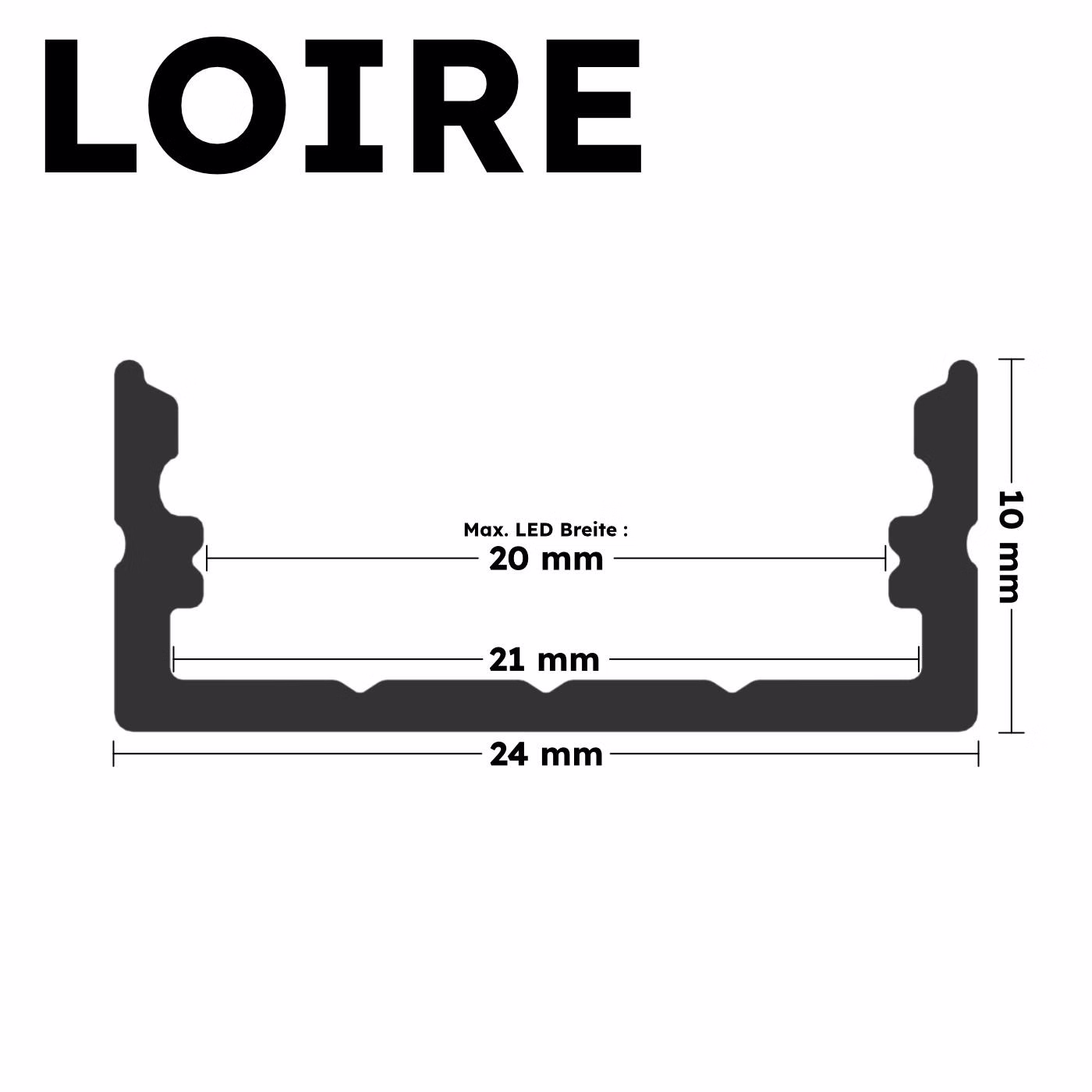 Querschnitt des LED-Alu-Aufputzprofils LOIRE mit Maßangaben in Millimeter